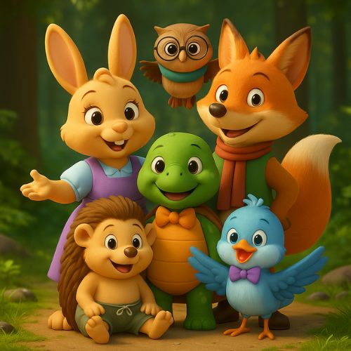 Illustration with the You Matter Luma characters by John R. Miles of the six main characters from the Matteringverse including Luma the bunny, Oliver the wise owl, Wren the bluebird, Sage the turtle, Theo the fox, and Zin the hedgehog standing together in a warm forest setting, symbolizing friendship, courage, and belonging.
