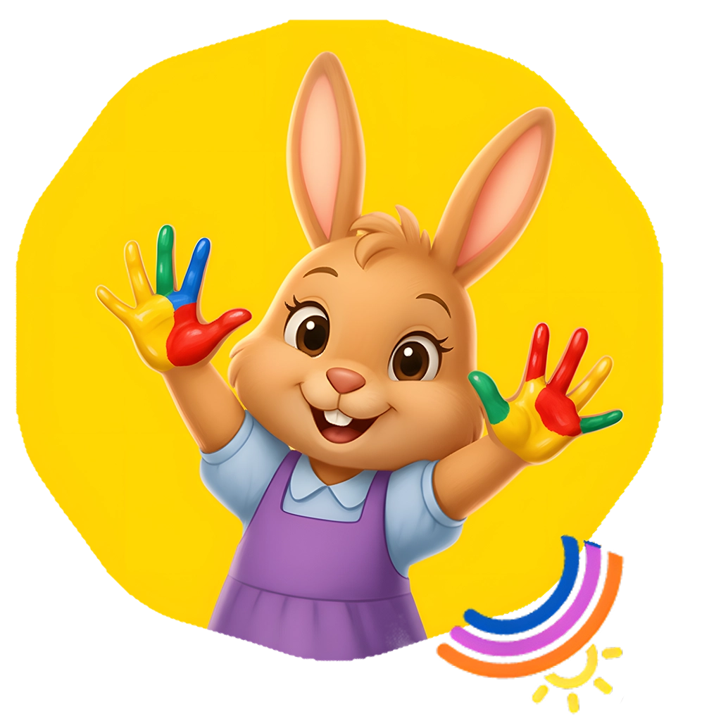 Illustration of Luma the bunny, a cheerful character from the You Matter, Luma children’s book series, smiling with colorful painted hands, symbolizing creativity, kindness, and joy for kids ages 4–8.