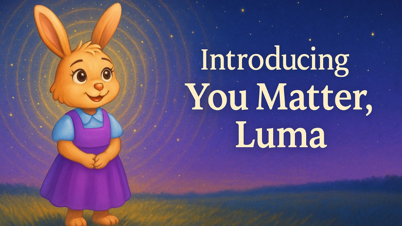 An illustrated bunny named Luma stands in a sunlit field as glowing ripples radiate outward, symbolizing belonging and the message “You matter.”