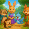 A colorful 3D-rendered digital illustration of the six you matter luma character, Luma—Luma the bunny, Oliver the owl, Wren the bird, Sage the turtle, Theo the hedgehog, and Zin the fox—standing together in a whimsical forest setting. This image introduces readers to the beloved cast of the You Matter, Luma children’s book series.