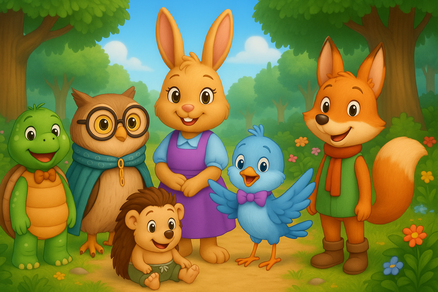 A colorful 3D-rendered digital illustration of the six you matter luma character, Luma—Luma the bunny, Oliver the owl, Wren the bird, Sage the turtle, Theo the hedgehog, and Zin the fox—standing together in a whimsical forest setting. This image introduces readers to the beloved cast of the You Matter, Luma children’s book series.