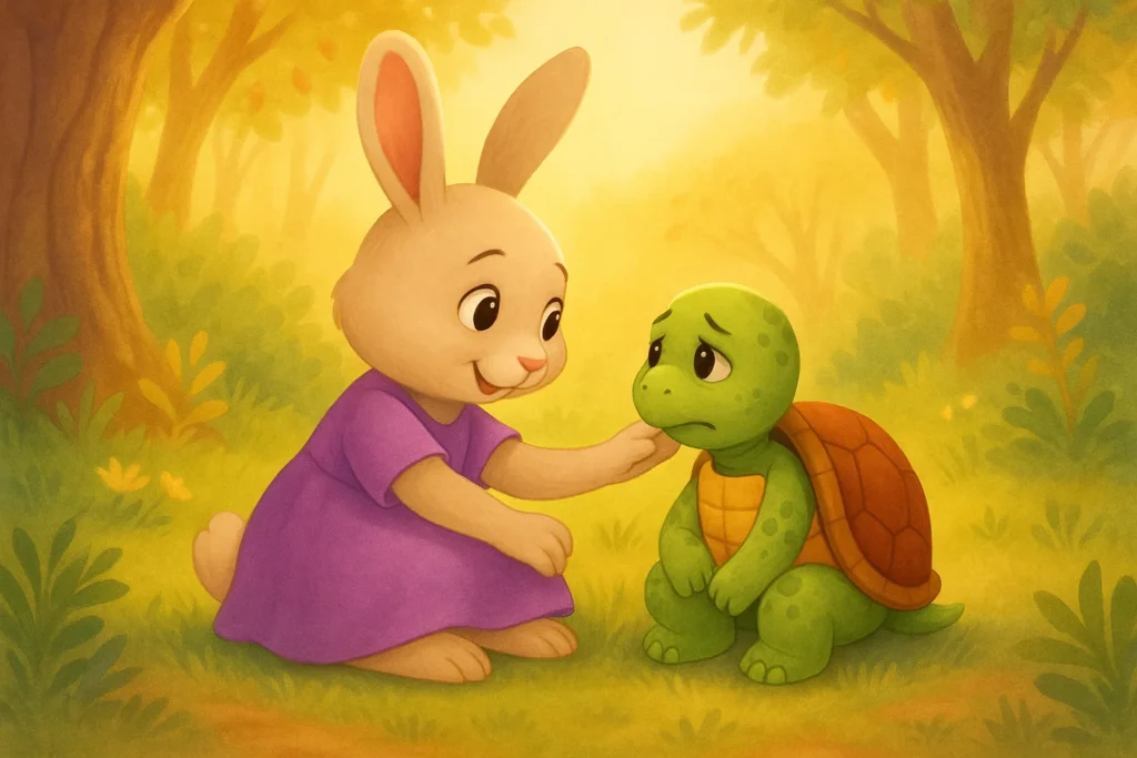Illustration from You Matter, Luma showing the bunny Luma comforting Zin the Turtle, a gentle scene that reflects the lessons taught in emotional intelligence books for kids.