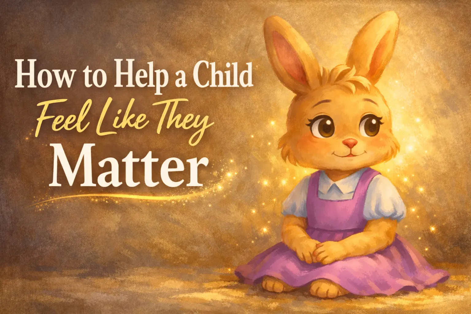 Illustrated bunny character Luma softly glowing beside the text “How to Help a Child Feel Like They Matter,” shown in a warm, storybook-style golden background. From the You Matter Luma book by John R. Miles