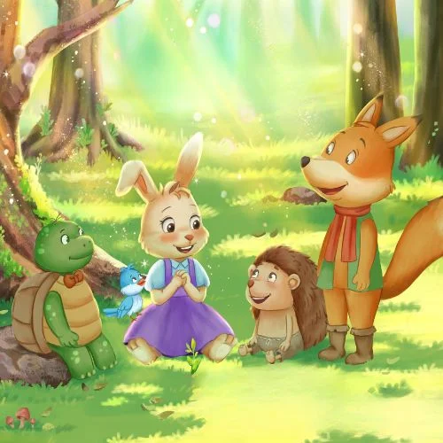 A vibrant, colorful forest scene where Luma and her friends Zin, Theo, Wren, and Sage are glowing with connection, symbolizing community reciprocity and the goal of building emotional strength in kids with You Matter, Luma.