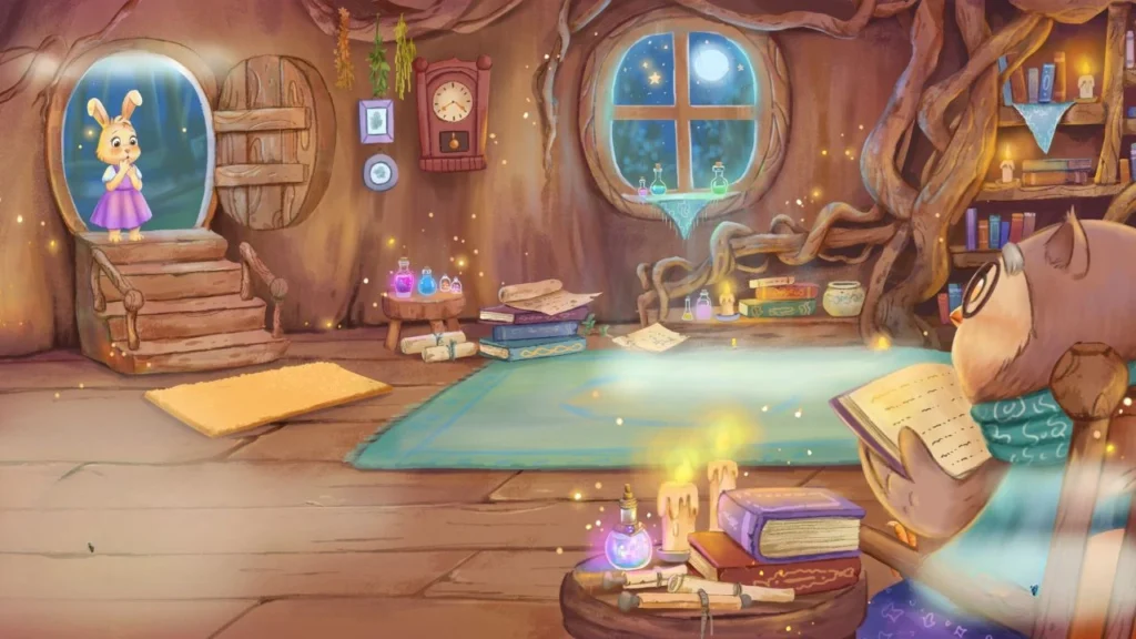 Oliver the owl showing Luma the stars and the moon through a window inside a warm, golden tree, illustrating the lesson of intrinsic worth and building emotional strength in kids through the story of You Matter, Luma.