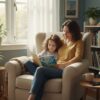 reading the book "You Matter, Luma." The scene captures the gentle process of healing childhood trauma through presence, showing the pair focused on the vibrant cover art featuring a rabbit in a whimsical landscape