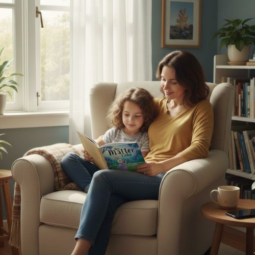 A mother and young child sitting together in a cozy, sunlit armchair, sharing a moment of quiet connection while reading the book "You Matter, Luma." The scene captures the gentle process of healing childhood trauma through presence, showing the pair focused on the vibrant cover art featuring a rabbit in a whimsical landscape