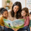 Children learning kindness and empathy through a picture book.