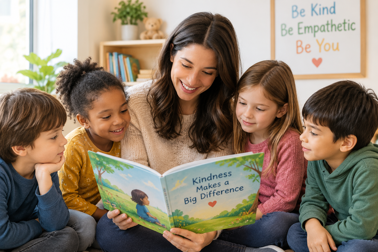 Children learning kindness and empathy through a picture book.