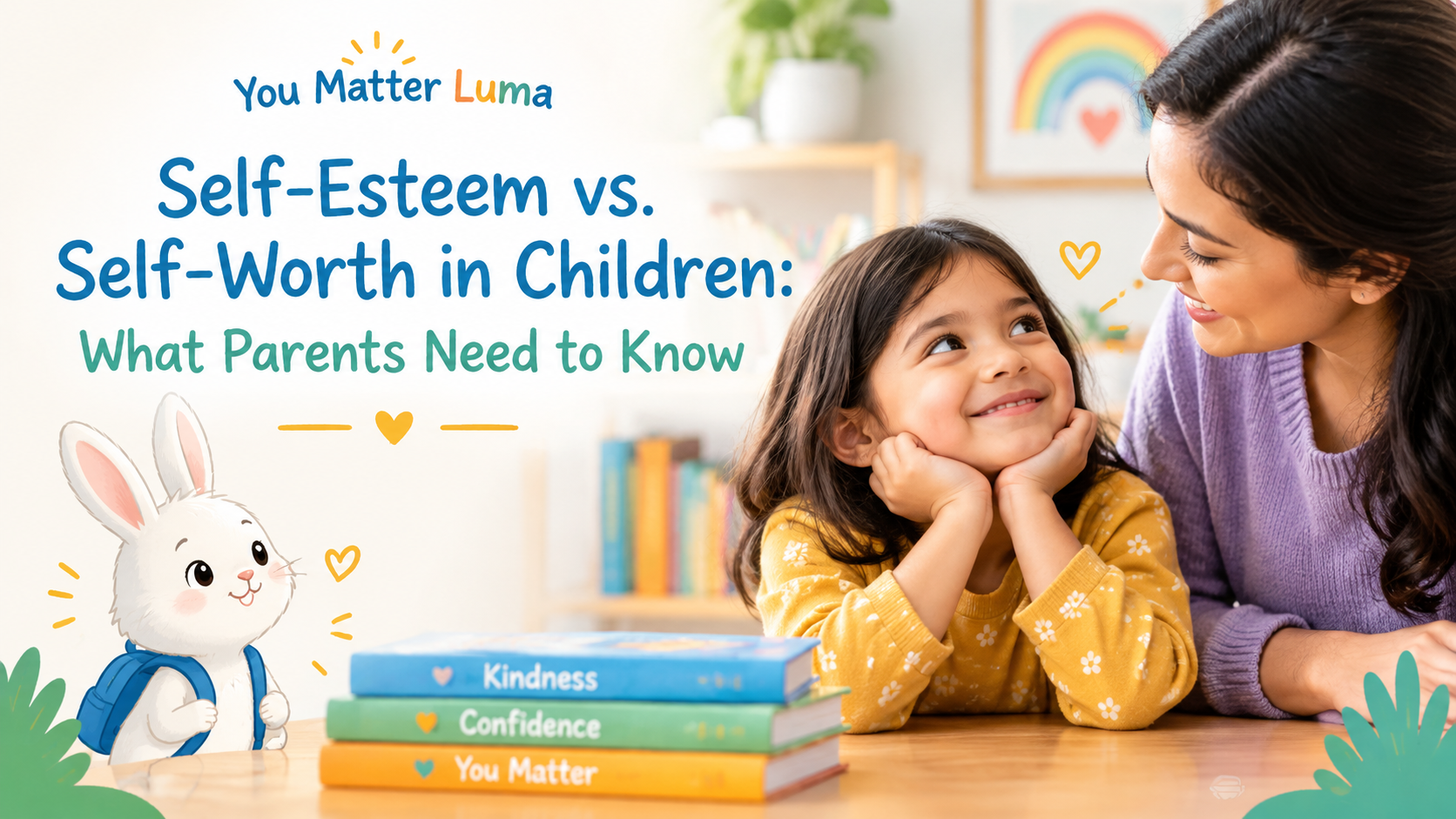 Self-esteem vs. self-worth in children blog banner featuring a mother and daughter sharing a warm moment, with Luma the Bunny and books about kindness, confidence, and self-worth.